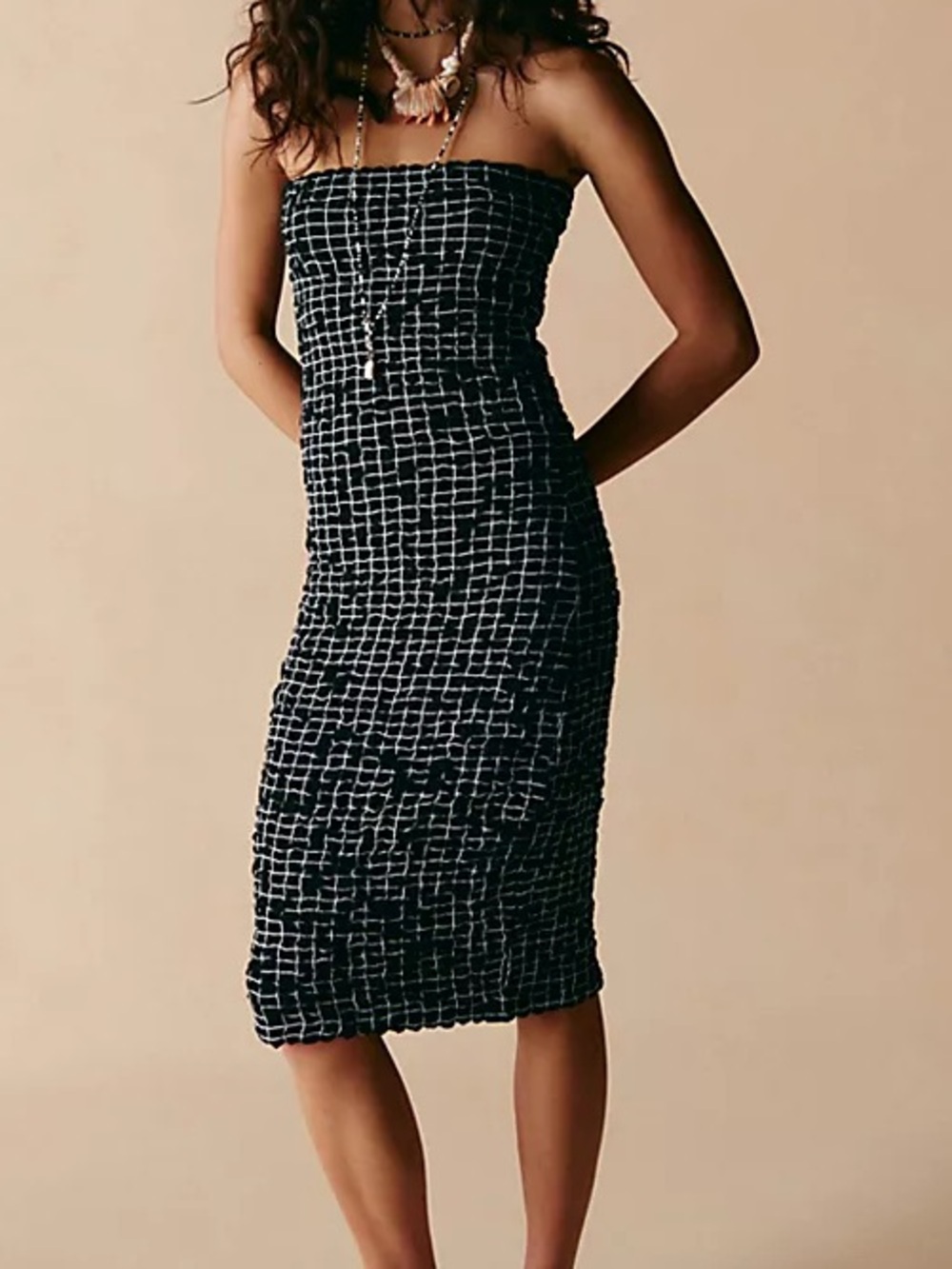 Free People Standout Smocked Convertible Midi Dress Skirt Grid Pattern Medium